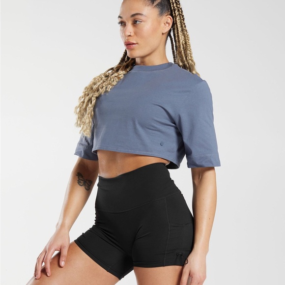 Gymshark Cotton Boxy Crop Top Evening Blue Workout Athleisure Gym Fitness - Picture 2 of 11